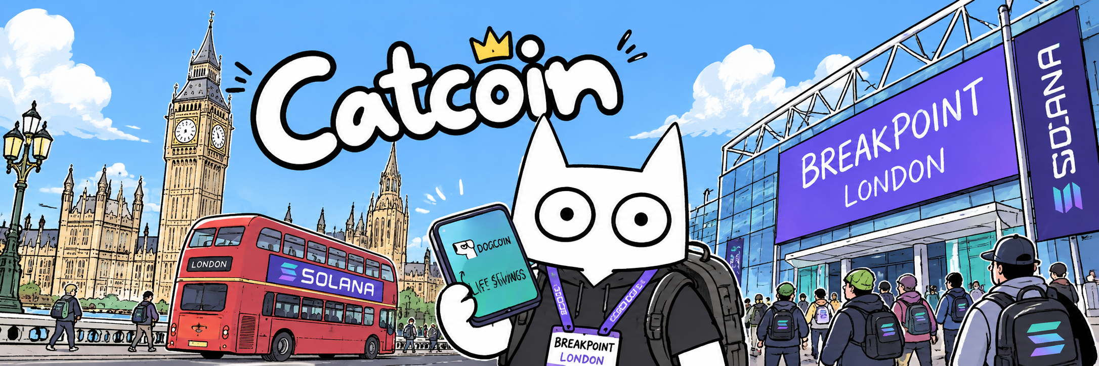Comic illustration of the Catcoin cat in London, with Big Ben, a bright sky, a conference crowd, and large Catcoin lettering.
