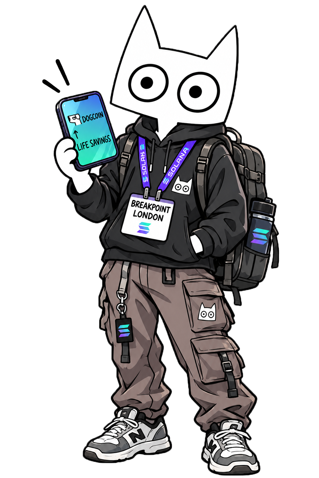 Full-body Catcoin mascot: a white geometric cat in a black hoodie, backpack, and conference badge, holding a phone.